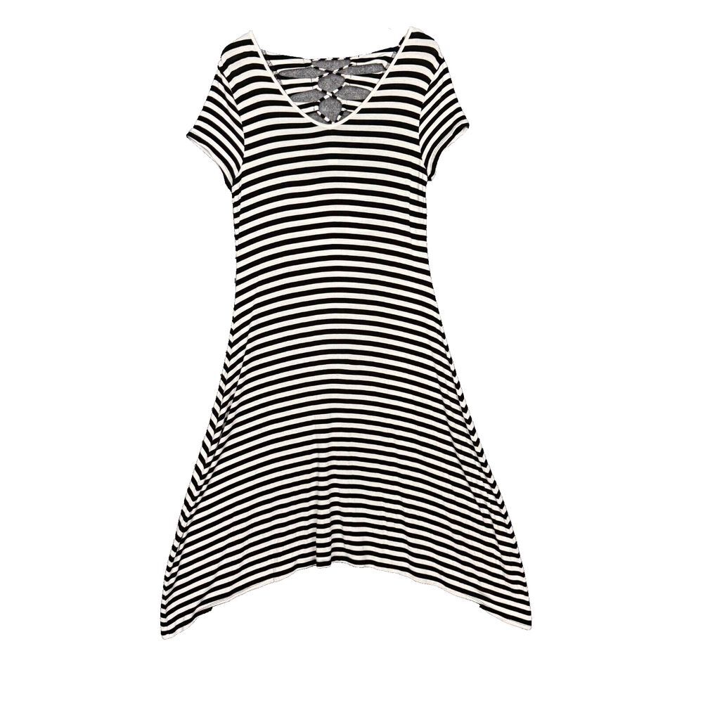 Chicos Dress Womens 1 Medium 8 Black White Striped‎ Knit Maxi Lace Back Stretch
